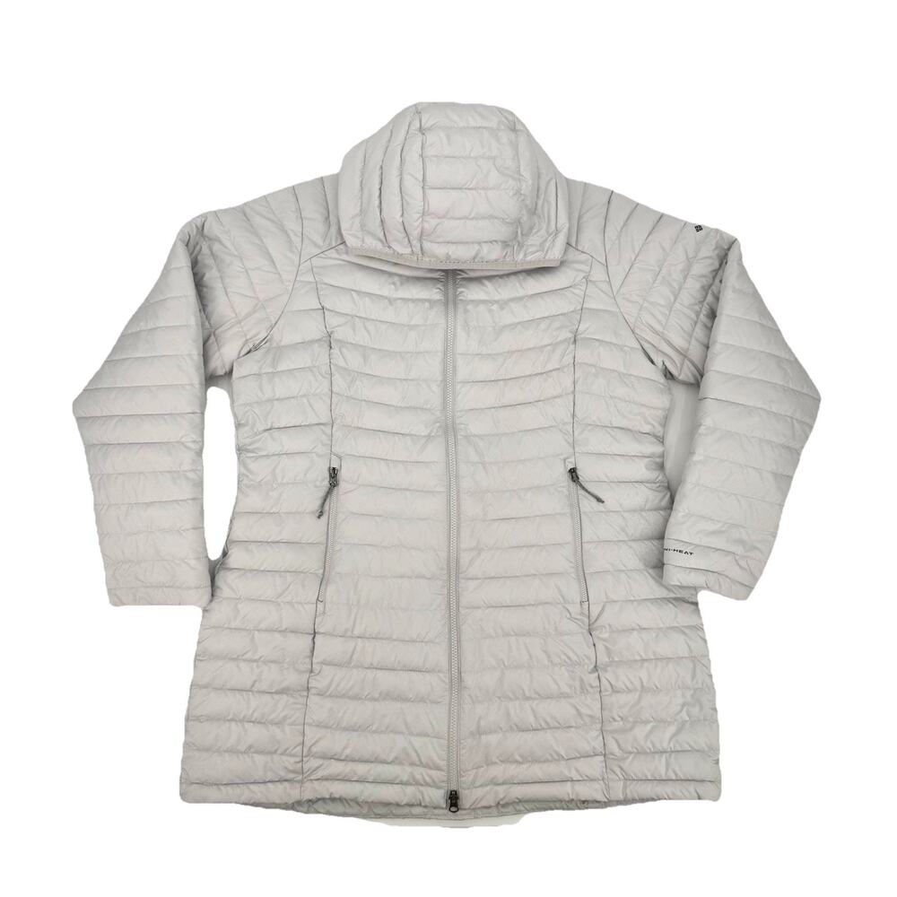 Columbia Gray Hooded Full Zip Long Down Omni heat Puffer Coat Women’s Size XL